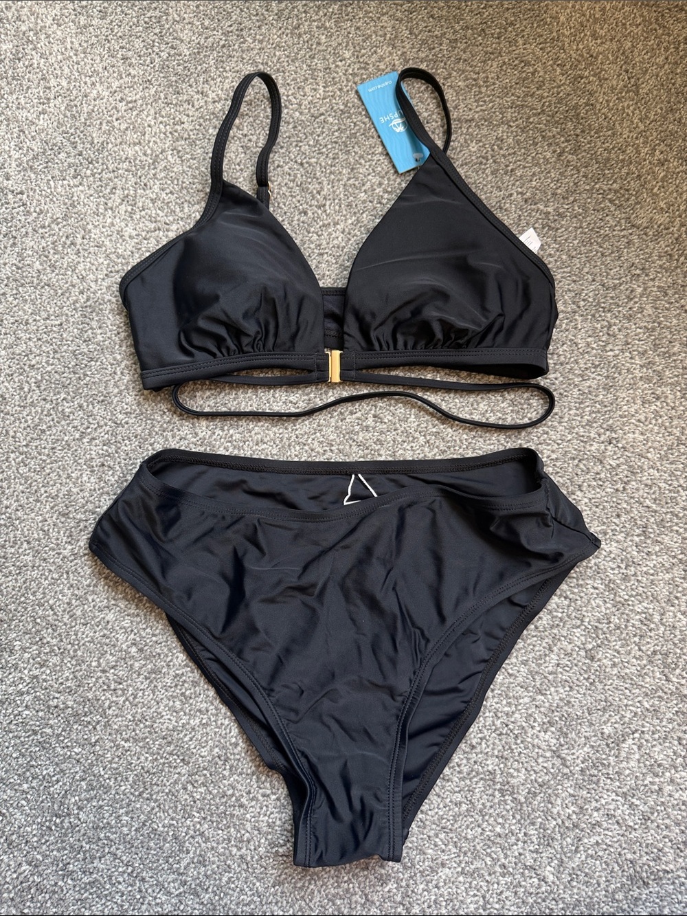 Cupshe Black Two-Piece Bikini Set with Gold Front Clasp